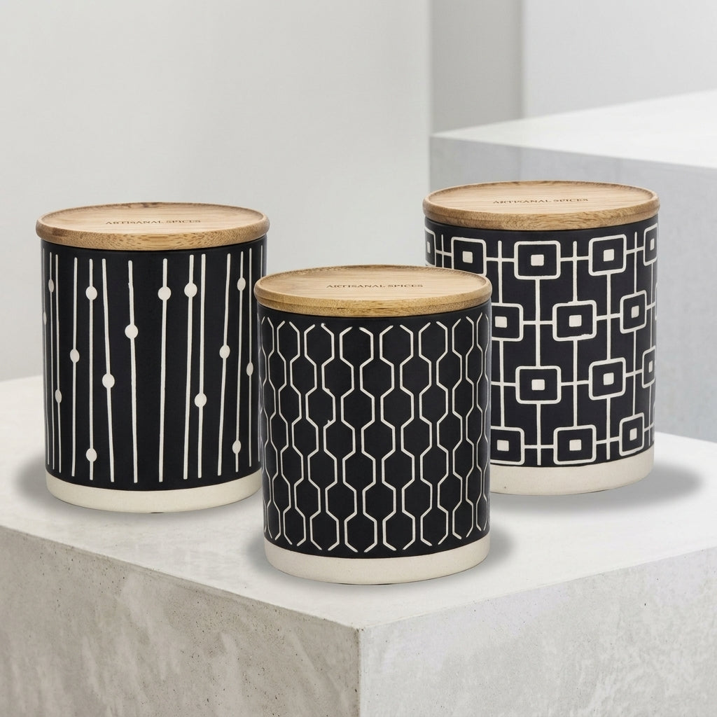 Danny Home 6-Piece Ceramic Storage Jar Set Black with Patterned Designs and Wooden Lids