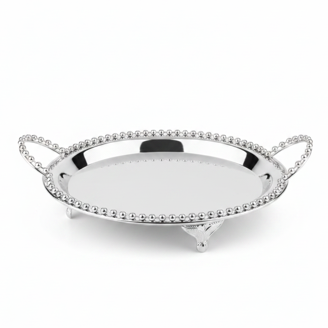 Silver Metal Round Candy Tray with Decorative Beaded Rim and Ornate Handles