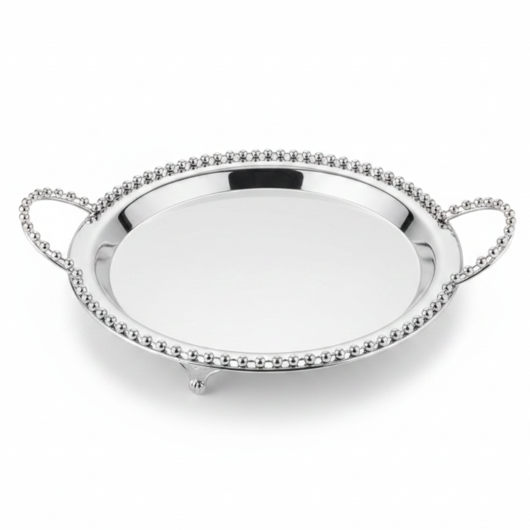 Silver Metal Round Candy Tray with Decorative Beaded Rim and Ornate Handles