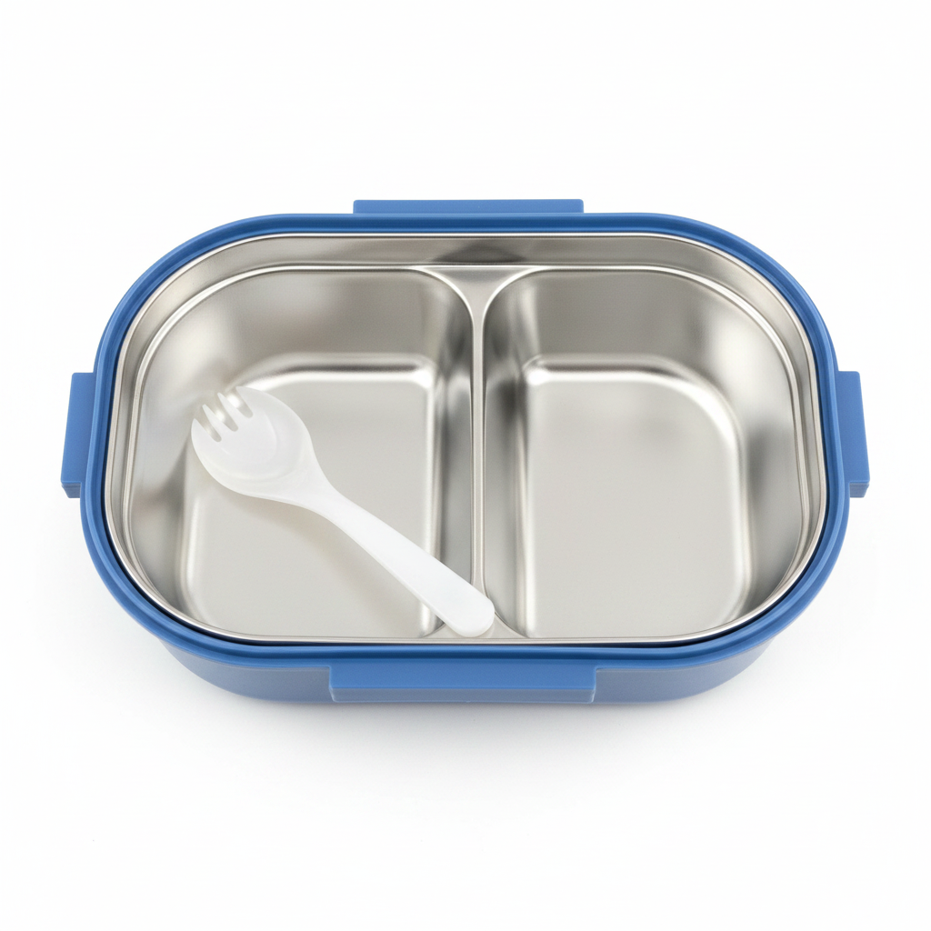 SBC Blue 2-Section Stainless Steel Kids Lunch Box with Spoon - 20×13 cm