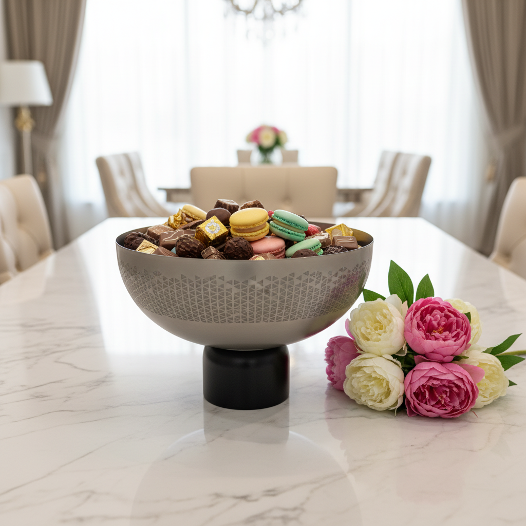 Luhpar Brushed Silver Stainless Steel Candy Bowl with Black Wooden Base - 18×26cm