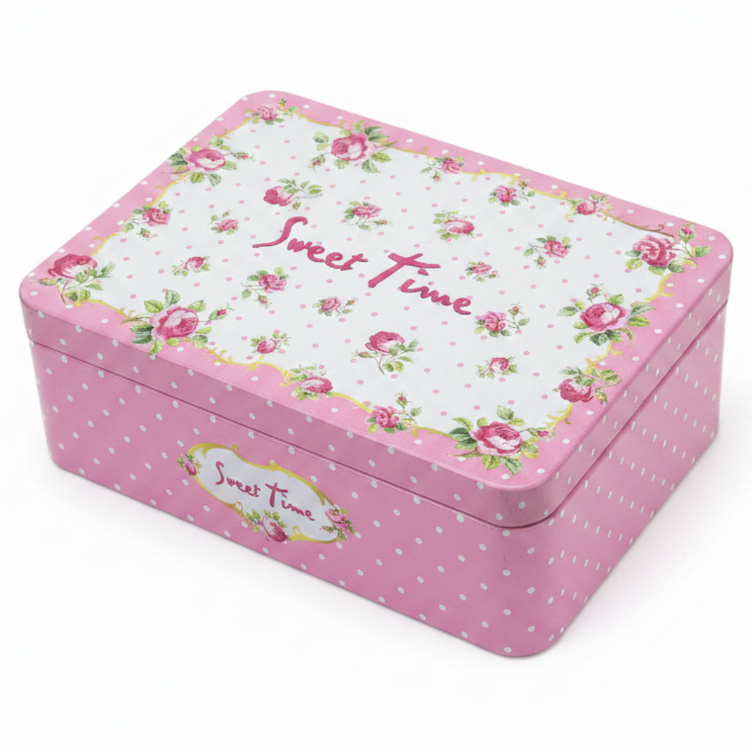 Sweet Time Pink Floral Metal Tin Box – 21×15cm | Decorative Gift & Storage Box