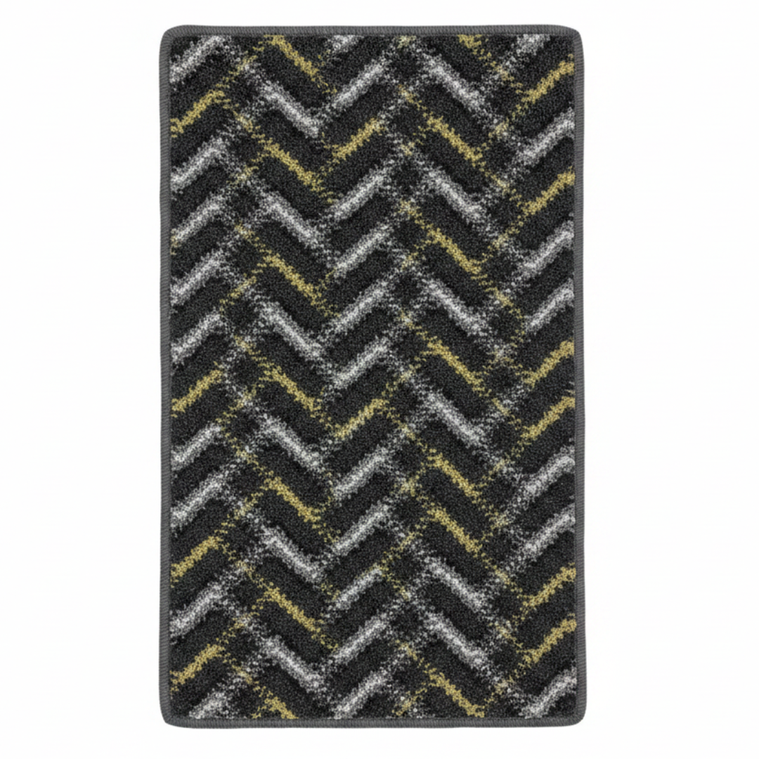 Anti-Slip Rectangle Door Mat 62×38 cm | Chevron Zigzag Pattern | Charcoal, Olive & Silver | Indoor & Outdoor Entrance Rug for Home, Kitchen & Villa