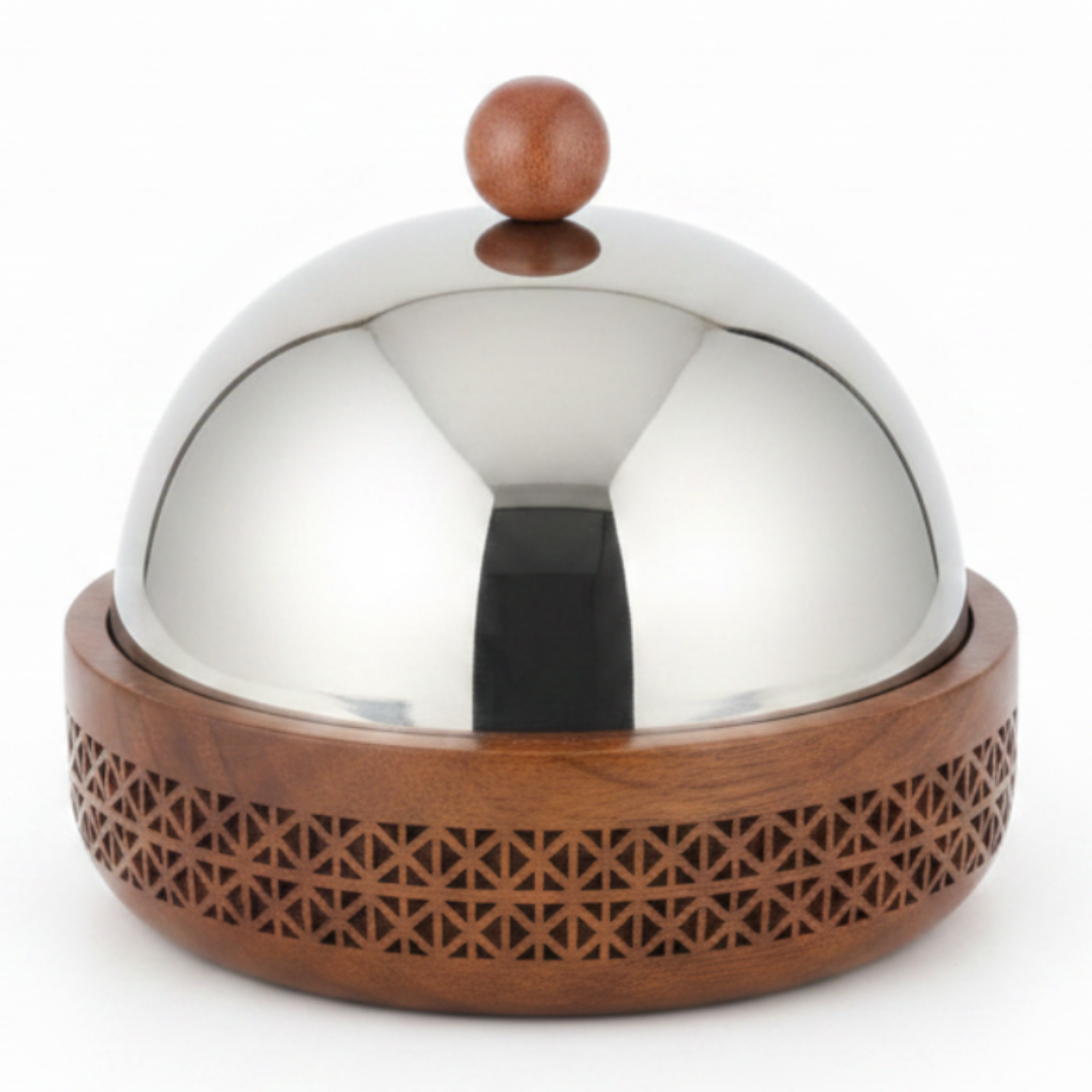Luhpar Brown Wooden Bowl with Stainless Steel Dome Lid - 30×30 cm