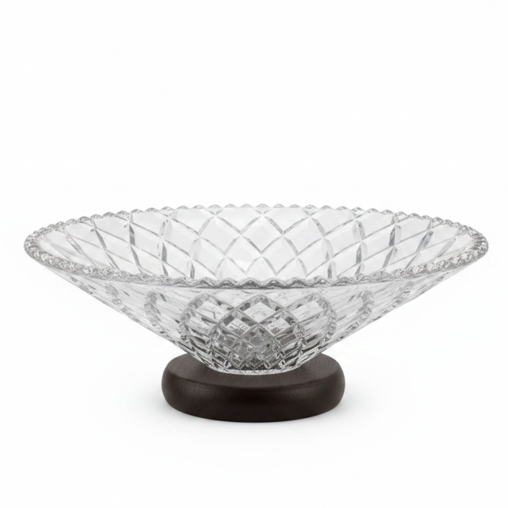 Crystal Diamond-Cut Glass Fruit Bowl with Wooden Base - 25×10 cm