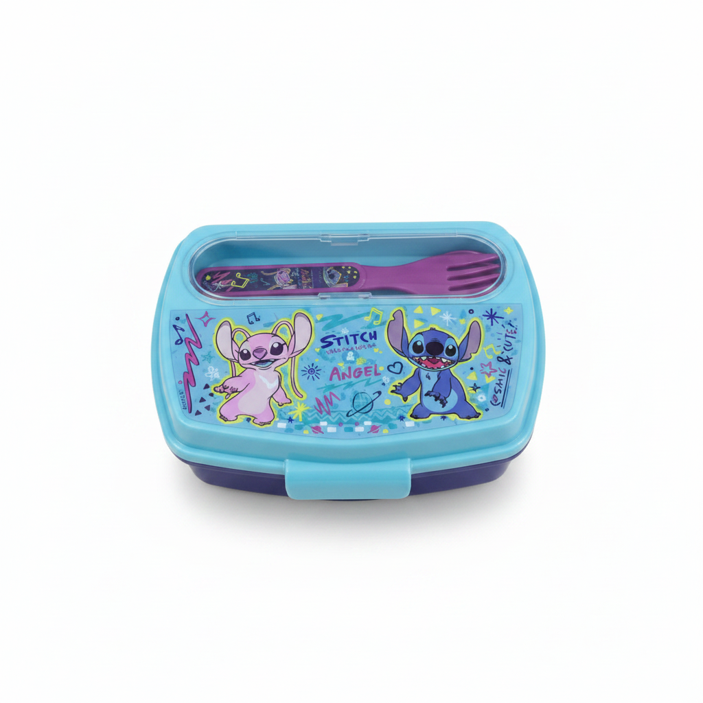 Stor Disney Stitch & Angel Plastic Lunch Box with Fork - 17×13cm