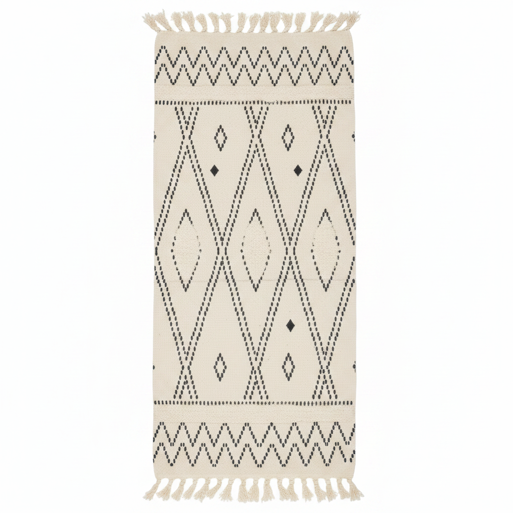 Handcrafted Moroccan Berber Flatweave Carpet | Geometric Diamond & Zigzag Pattern | 50% Cotton 50% Polyester | 60×180 cm | Ivory & Black |