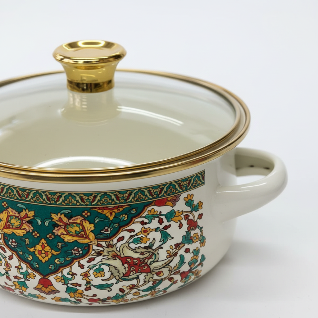 Cream 3-Piece Enamel Casserole Set with Floral Design - 12 cm / 14 cm / 16 cm