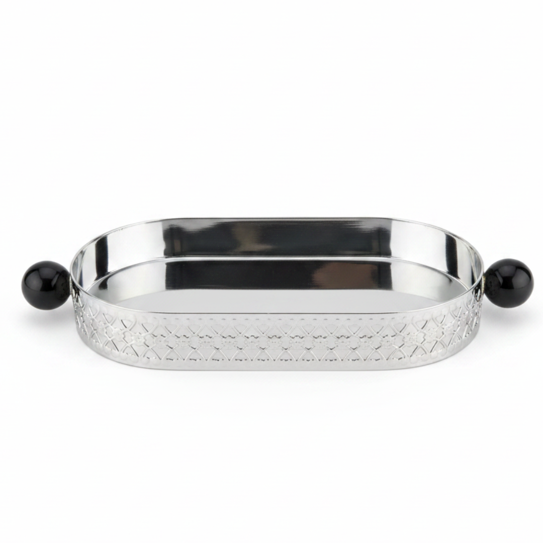 Silver Metal Oval Candy & Sweets Tray with Elegant Black Handles | Decorative Lattice Design | 20×10 cm |