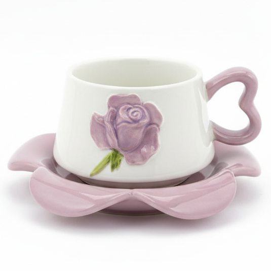 AKDC Ceramic Cup and Saucer Set – Purple with White Flower Pattern, 350 ml Coffee & Tea Cup