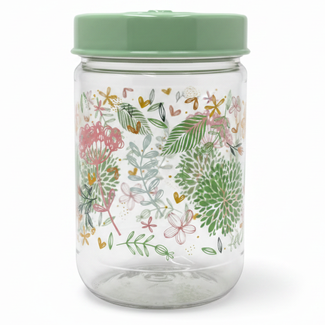 Glass Storage Jar with Mint Green Lid | Floral Print Kitchen Canister | 640ml ||