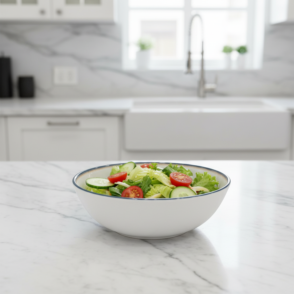 Vague White Melamine Bowl with Navy Blue Rim & Floral Design — 5.25 Inch