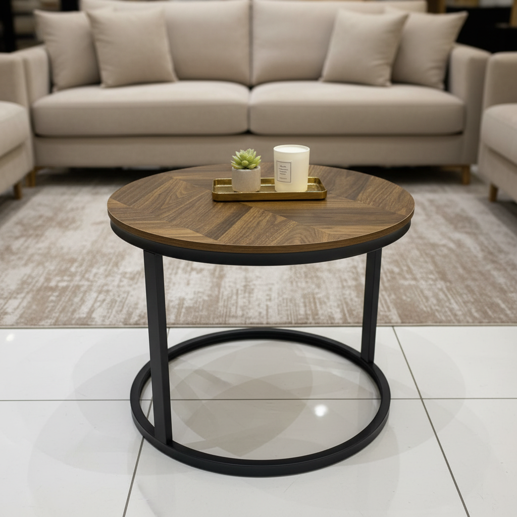 Brown Wood & Black Metal Frame Round - 40×50cm