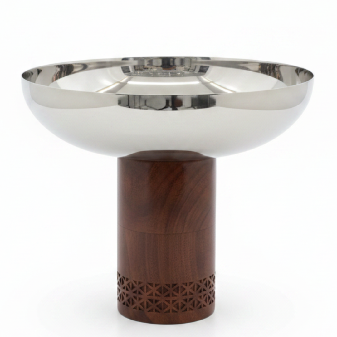 Luhpar Brown Wooden Footed Silver Stainless Steel Bowl - 21×26cm