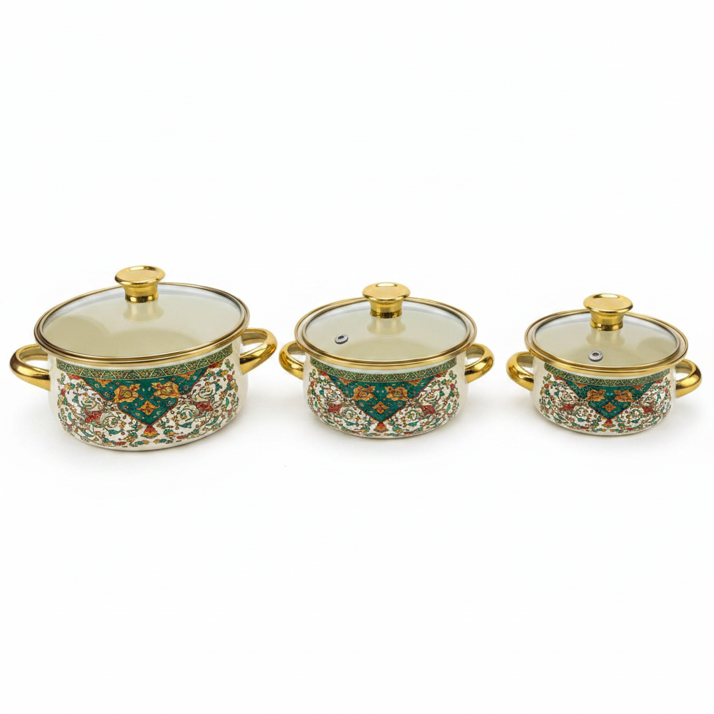 Cream 3-Piece Enamel Casserole Set with Floral Design - 12 cm / 14 cm / 16 cm