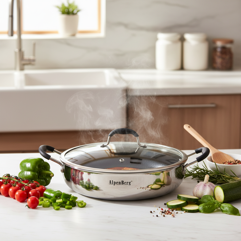 AlpenBerg Silver 3-Ply Stainless Steel Low Casserole with Glass Lid — 4.1 Litre