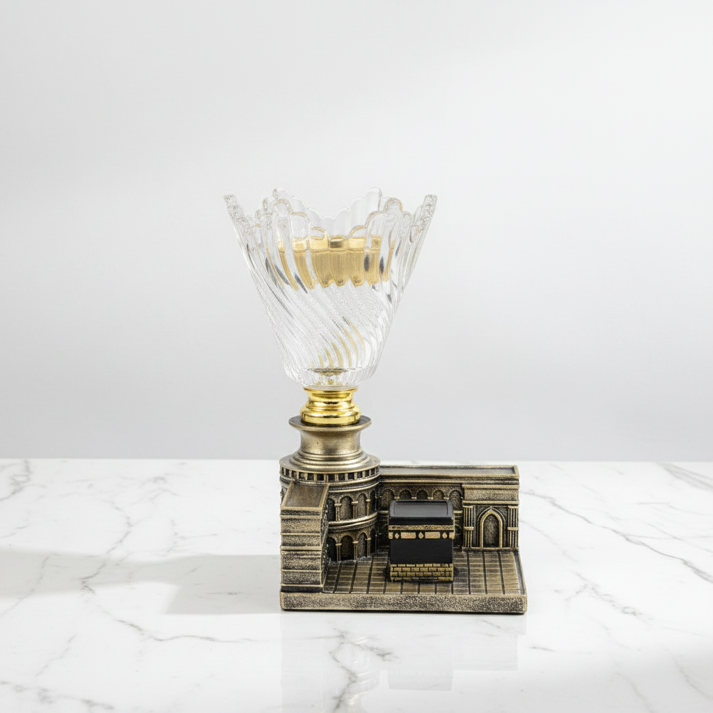 Crystal Glass & Chalk Incense Burner with Kaaba Design | 22×13×10 cm | Luxury Arabic Home Décor