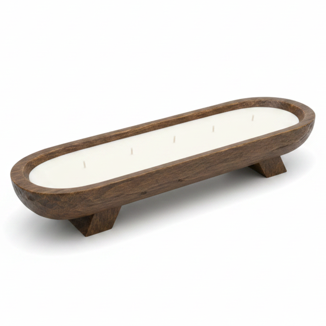 Rustic Wooden Dough Bowl Candle | Oval Centerpiece Candle in Dark Wood Base | 50×15cm | Premium White Wax | Home Décor & Gift