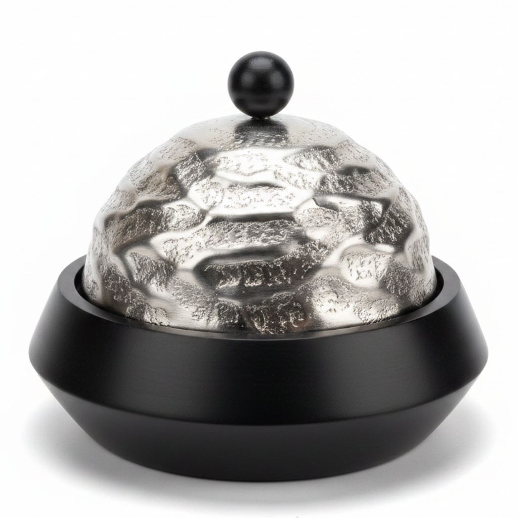 Luhpar Wave Textured Aluminum Round Storage Box with Black Wooden Base - Dome Lid - 20×20 cm