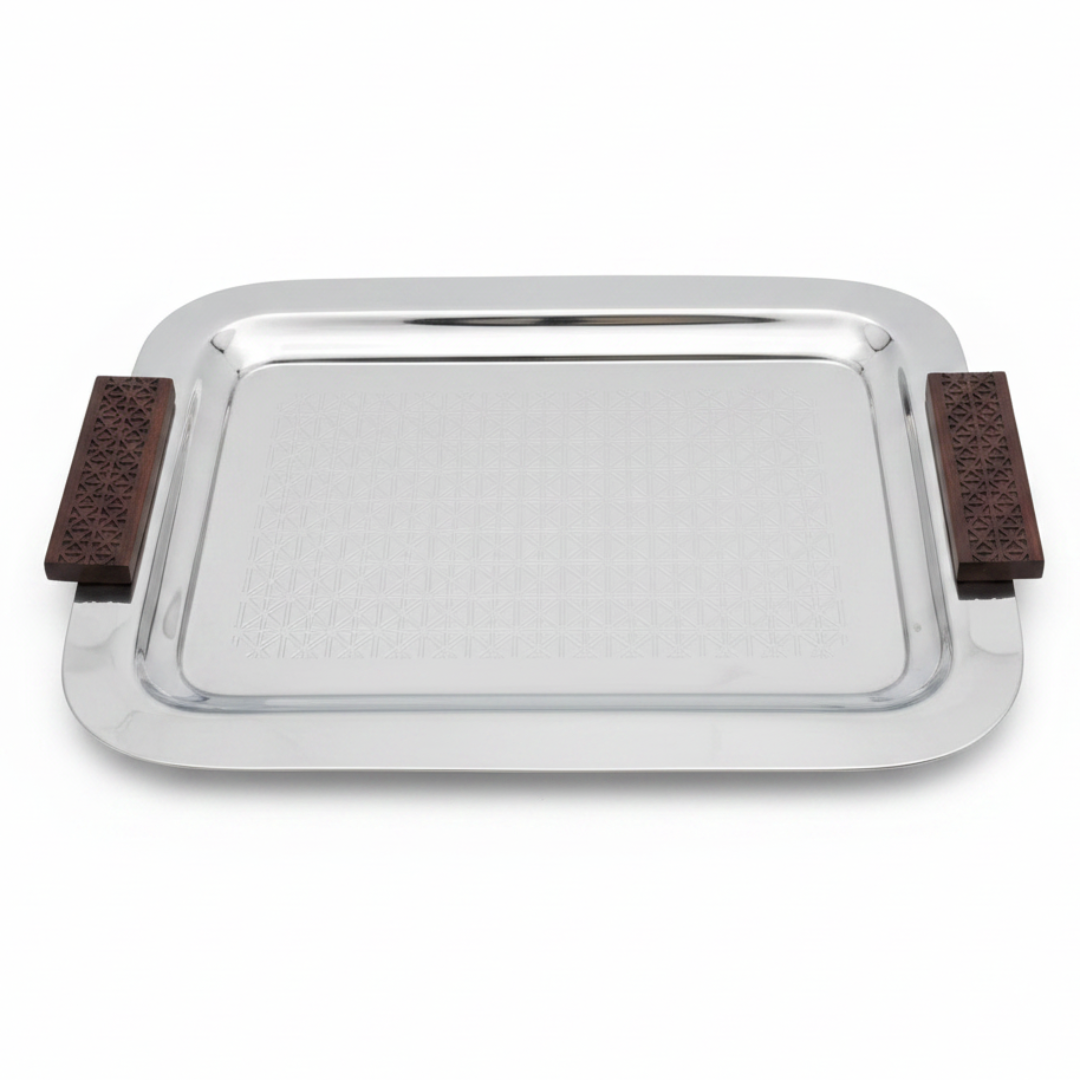 Luhpar Rectangle Stainless Steel Serving Tray with Wooden Handles - 43×33cm