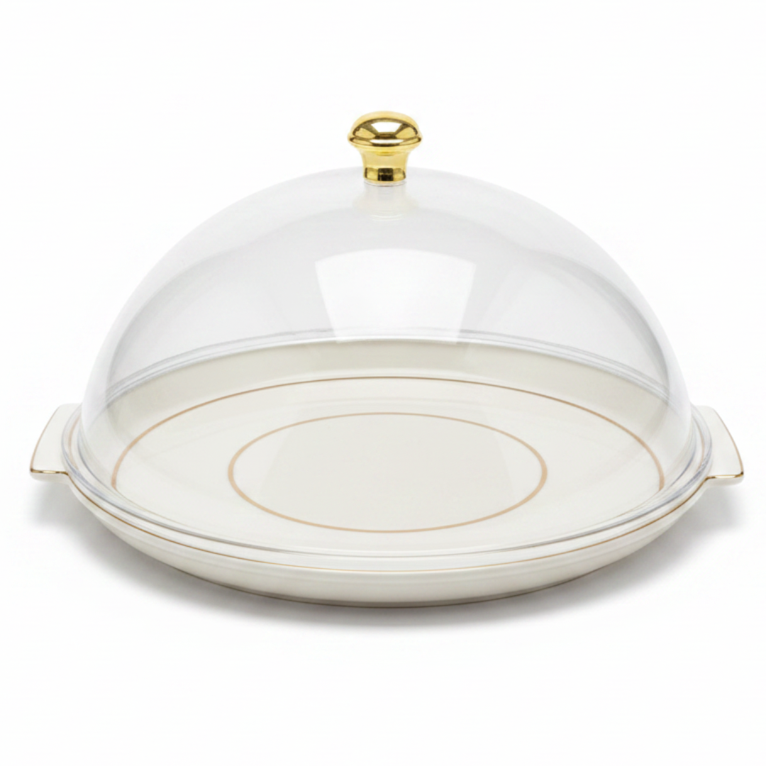 Christian Verucci Round Off-White Cake Plate with Clear Acrylic Dome Cover & Gold Knob Handle | 13.5 Inch |