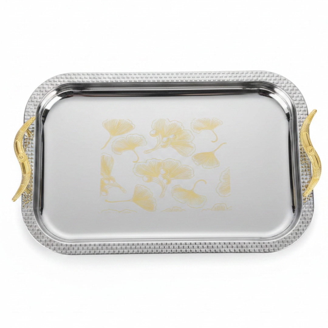 Maximan Luxury Silver & Gold Stainless Steel Serving Tray with Gold Bird Handles | 40×29 cm