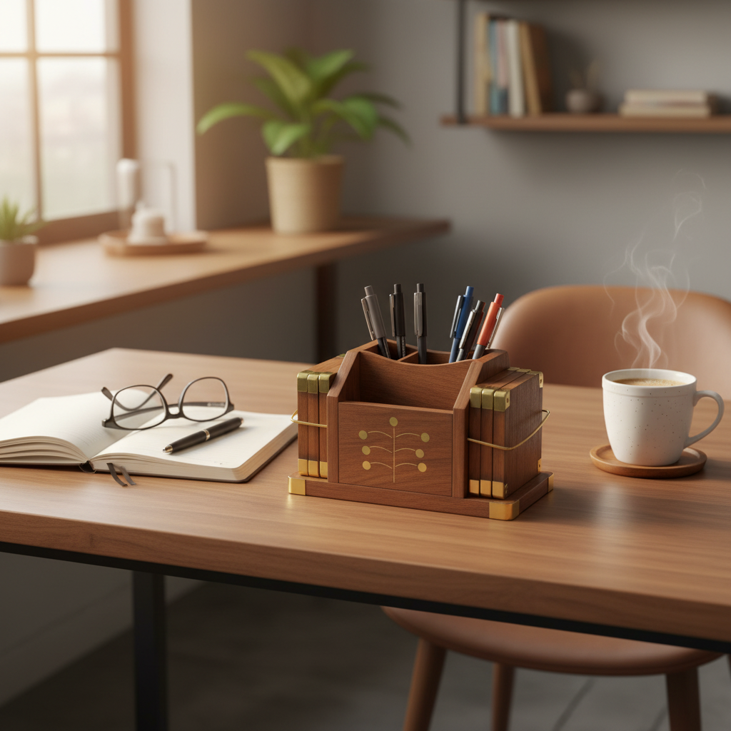 Wooden Pen Organizer with Brass Accents - 15×9 cm