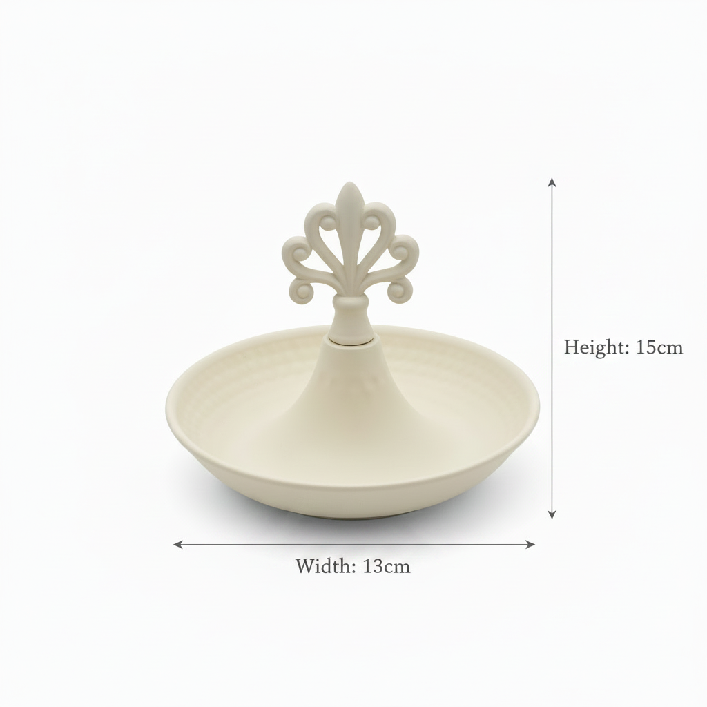 Cream Round Metal Serving Tray with Ornate Finial - 15×13 cm