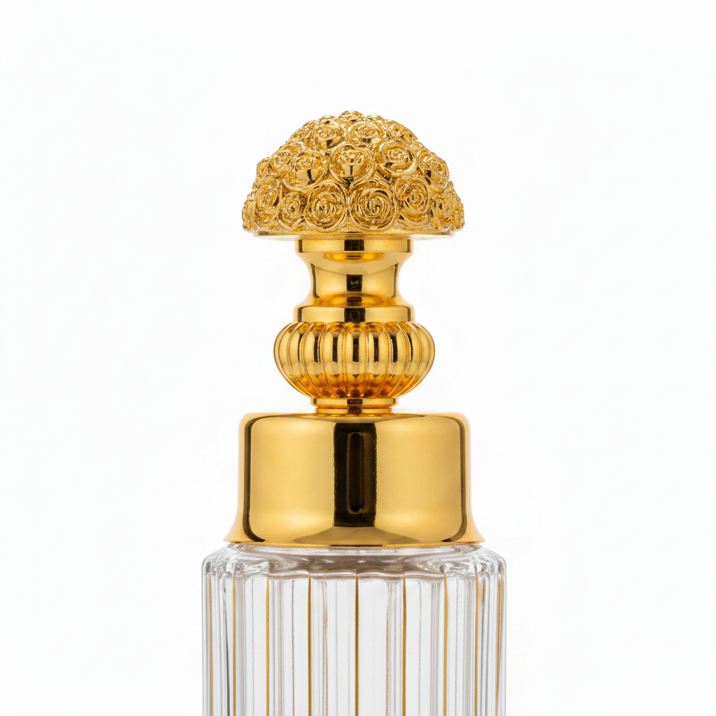 Mayflower Ribbed Crystal Glass Perfume Bottle with Ornate Gold Metal Base — 250ml
