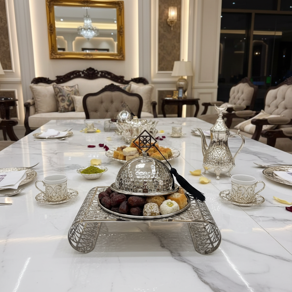 وعاء حلوى معدني فضي بقاعدة مزخرفة وغطاء قبة - 20×13 سم
