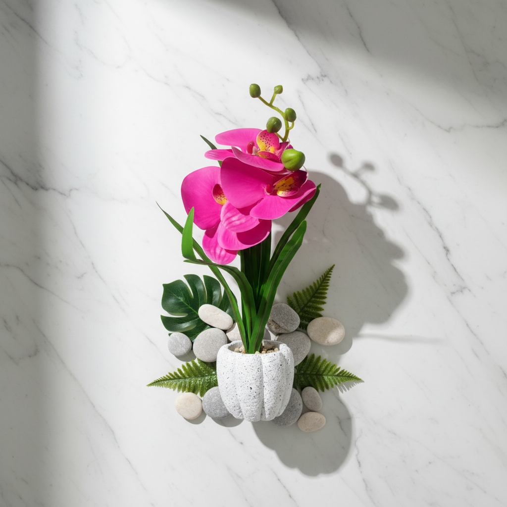 Artificial Pink Orchid Flower Plant in Chalk Pot - 35cm