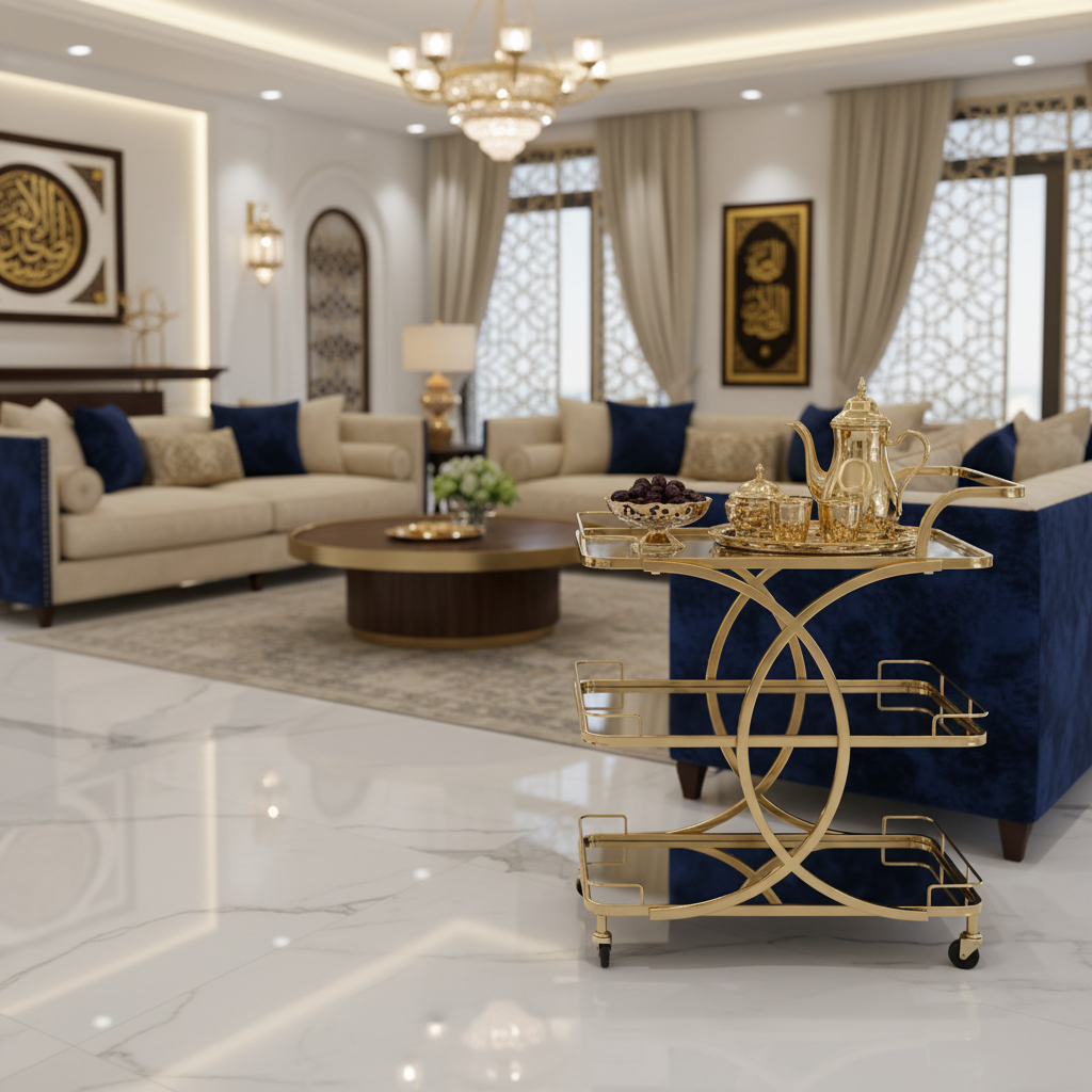 Life Smile 3-Tier Gold Metal & Mirror Glass Serving Trolley | Luxury Rolling Cart with Circular Frame Design | 80×70×40 cm | Multi-Purpose Home, Majlis & Dining Trolley |