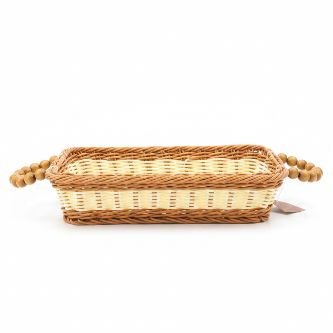 Wire Decorative Basket with Beaded Handles | 30×20cm | Natural & Ivory Two-Tone