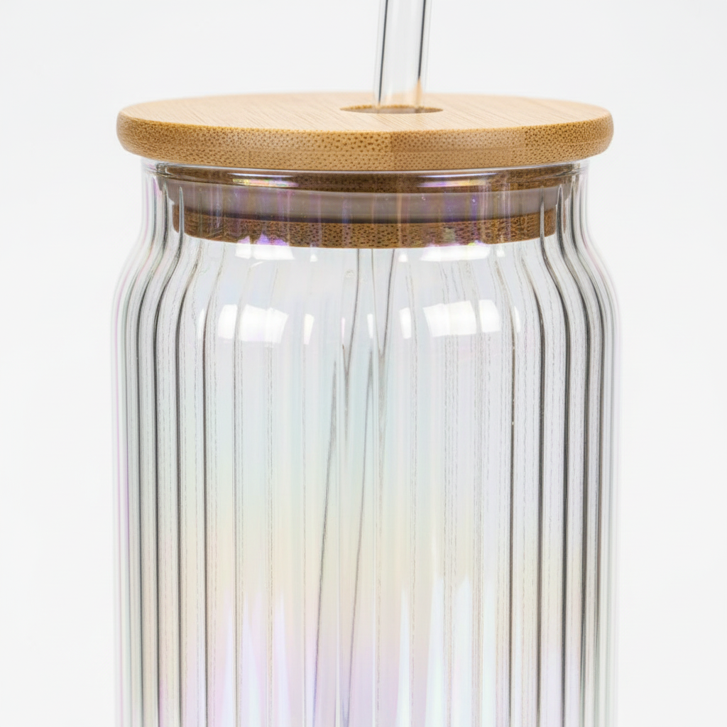 Sakha Iridescent Ribbed Glass Jar with Bamboo Lid & Glass Straw — 470ml