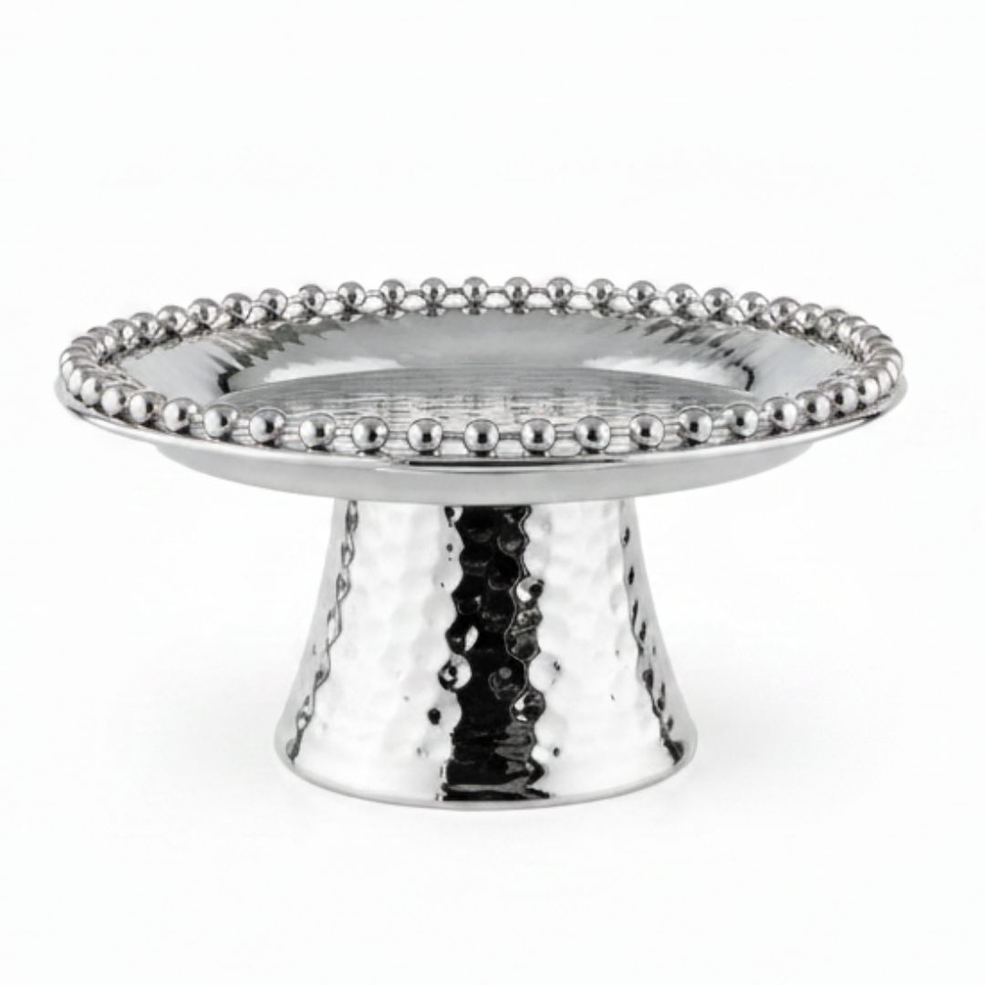 Silver Metal Footed Round Candy & Dates Tray with Beaded Rim | Hammered Pedestal Serving Dish |