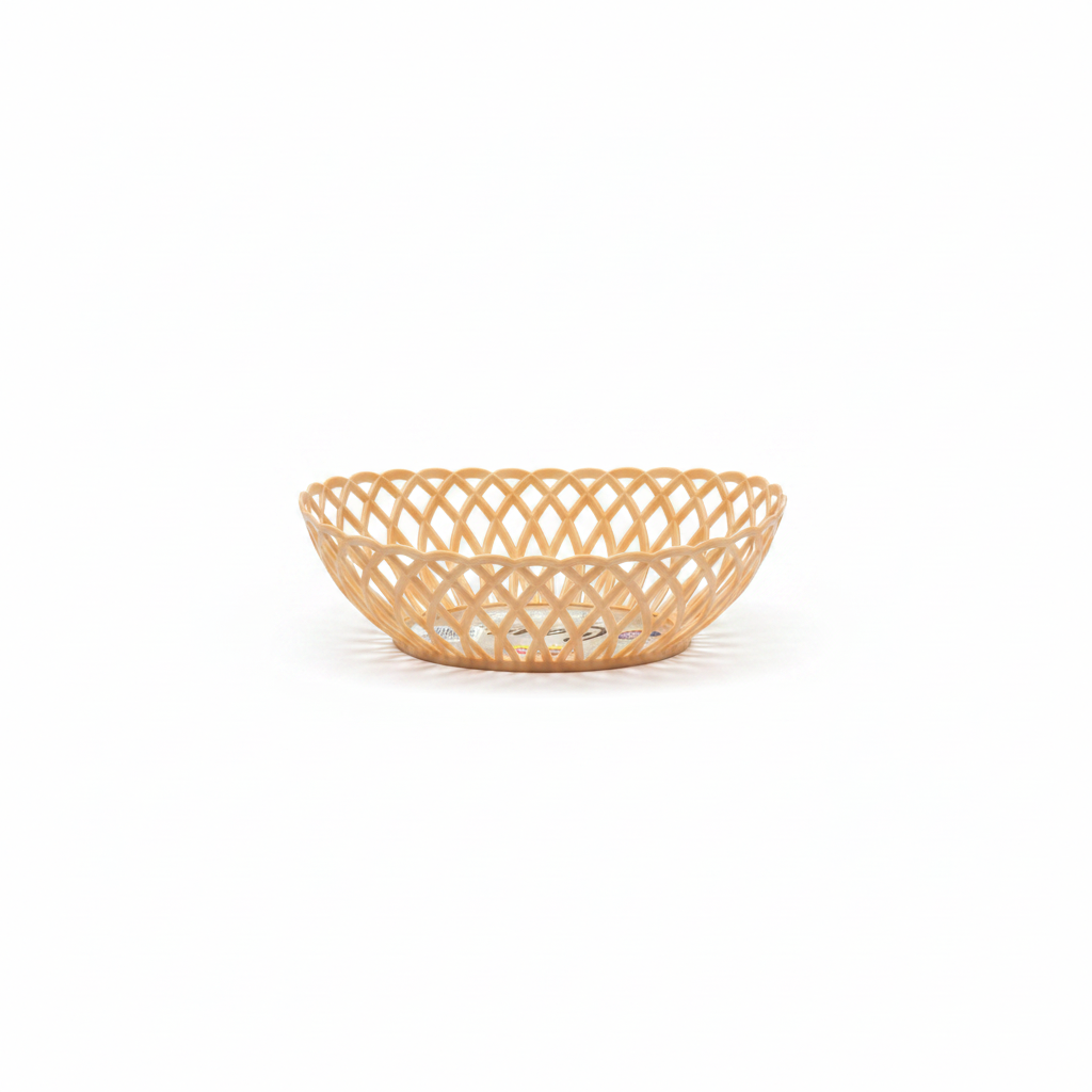 Exclusive Plastic Cane-Style Woven Design Oval Basket - 24×16 cm - Beige / Brown / White