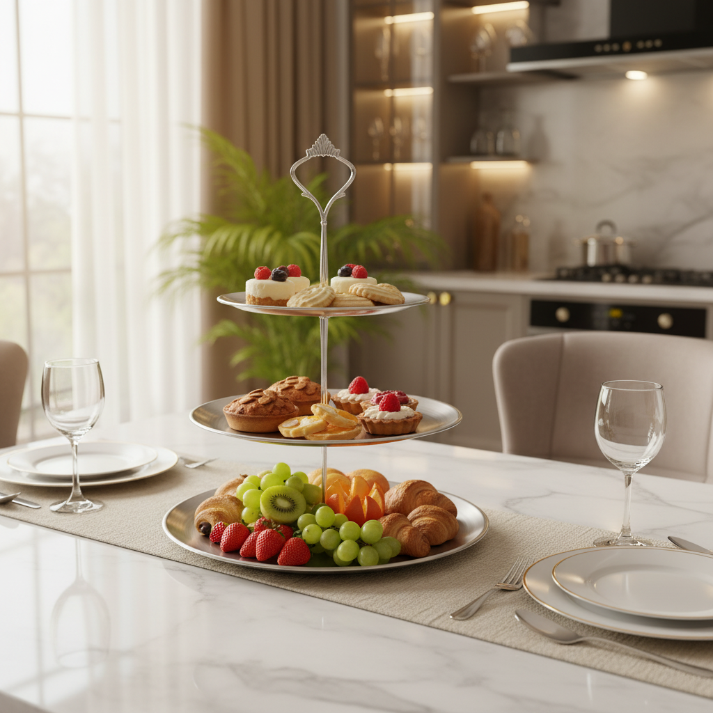 AKDC Silver 3 Tier Dessert Serving Stand Modern Multi Level Display Rack for Cakes and Pastries 35 cm