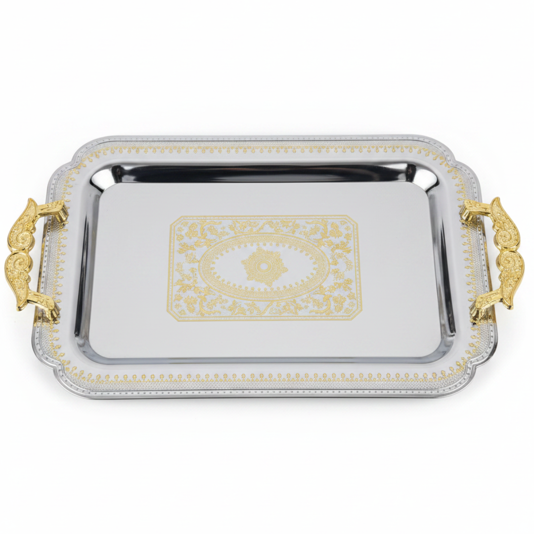 Maximan Silver & Gold Stainless Steel Serving Tray with Handles | 43.5 × 30 cm |