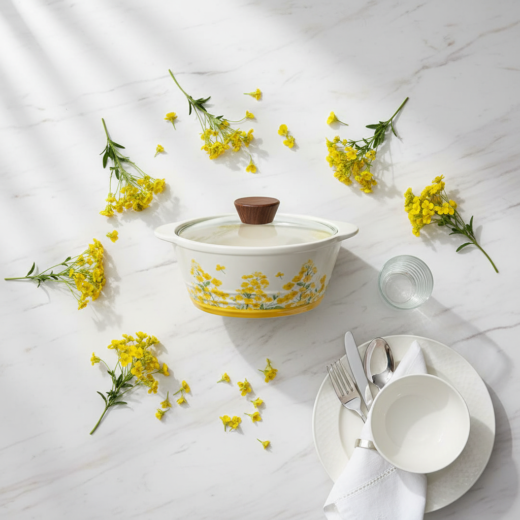 Decetime White Porcelain Soup Pot with Yellow Flower Design & Glass Lid | 850ml
