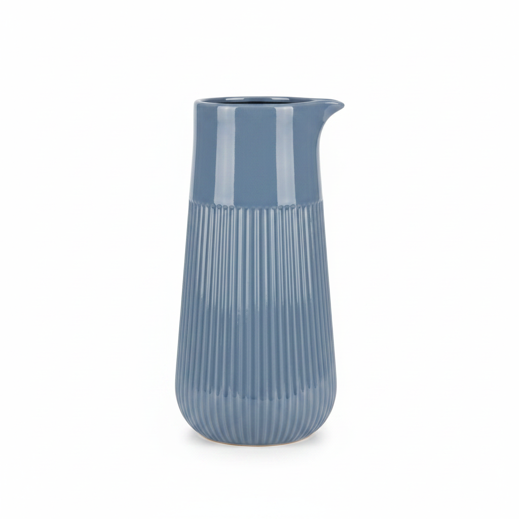 Ribbed Ceramic Pitcher Vase - 28×9cm - Mauve / Dusty Blue