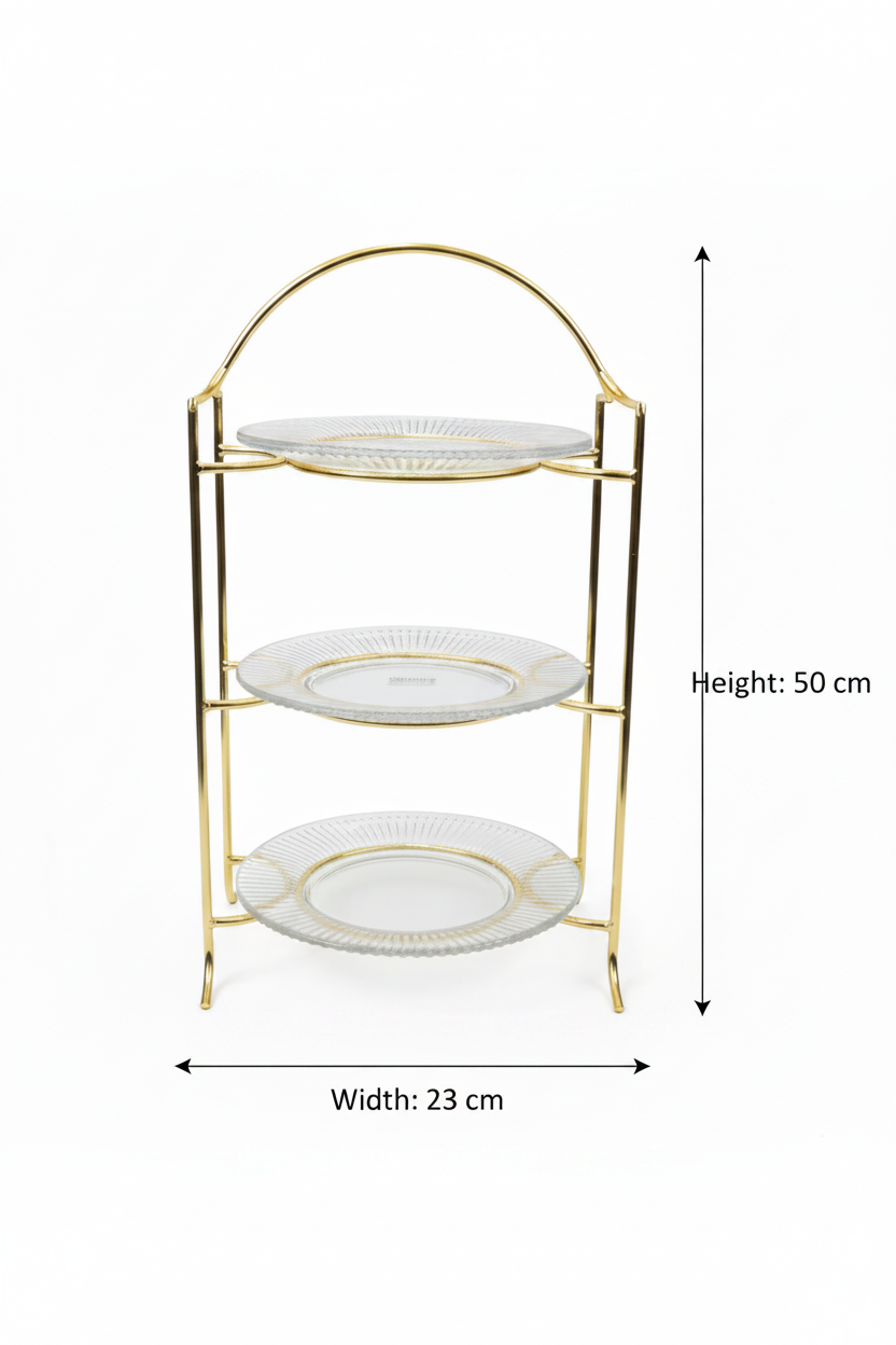 Meera 3-Tier Round Glass & Gold Metal Candy Serving Tray Stand | Elegant Dessert Display Tower for Sweets, Dates & Pastries | 23×50 cm |