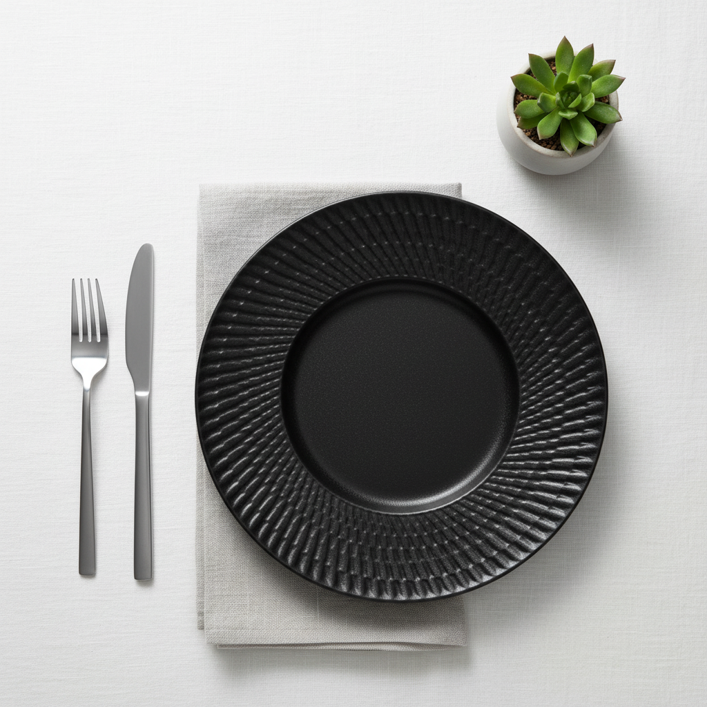 Black Ceramic Round Dinner Plate with Embossed Radial Rim – 10.5 Inch