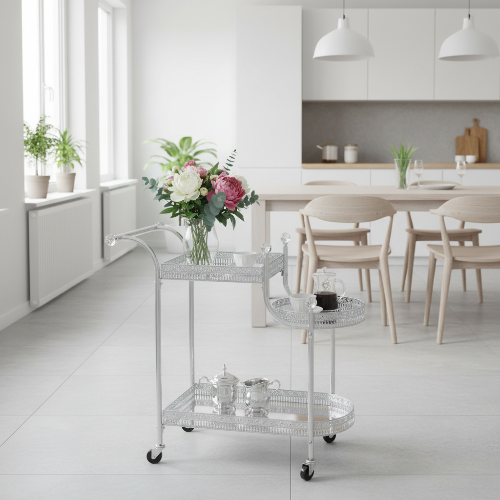 Pilsco 3-Tier Silver Chrome Metal Ornate Serving Trolley with Round Side Tray and Wheels | Majlis & Hospitality Tea Cart | 70cmx60x34cm