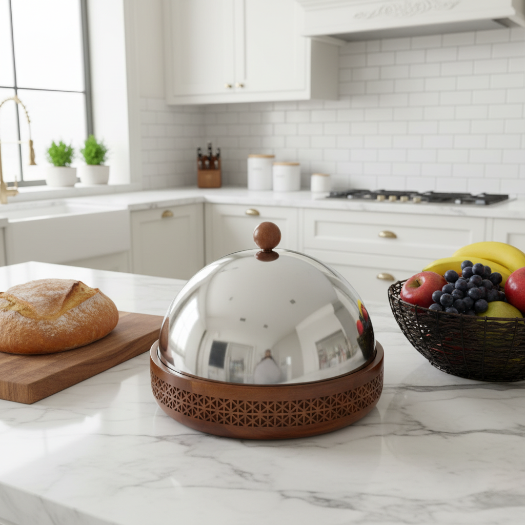 Luhpar Brown Wooden Bowl with Stainless Steel Dome Lid - 30×30 cm