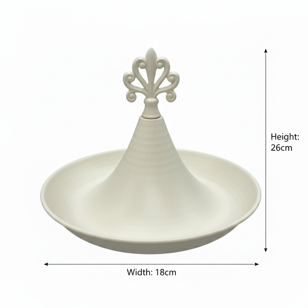 Cream Round Metal Serving Tray with Ornate Finial - 26×18 cm