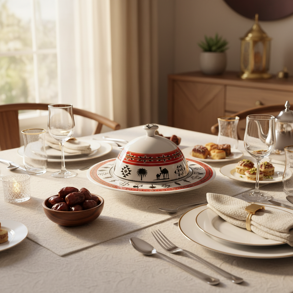 Yuniverse Melamine Serving Tray with Dome Lid – 32 cm White with Arabian Pattern Design