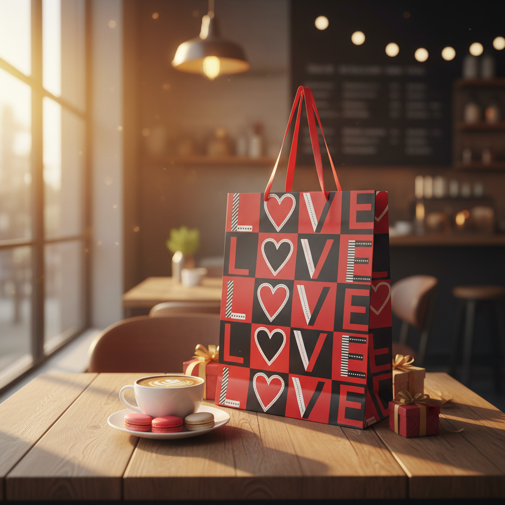 Red & Black LOVE Print Gift Bag with Heart Design | Premium Paper Gift Bag with Ribbon Handles | 40×30cm |