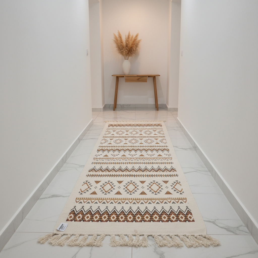 Handcrafted Moroccan Berber Flat Weave Runner Carpet | Geometric Tribal Pattern | 50% Cotton 50% Polyester | 60×180 cm | Cream White with Brown & Gold Motifs