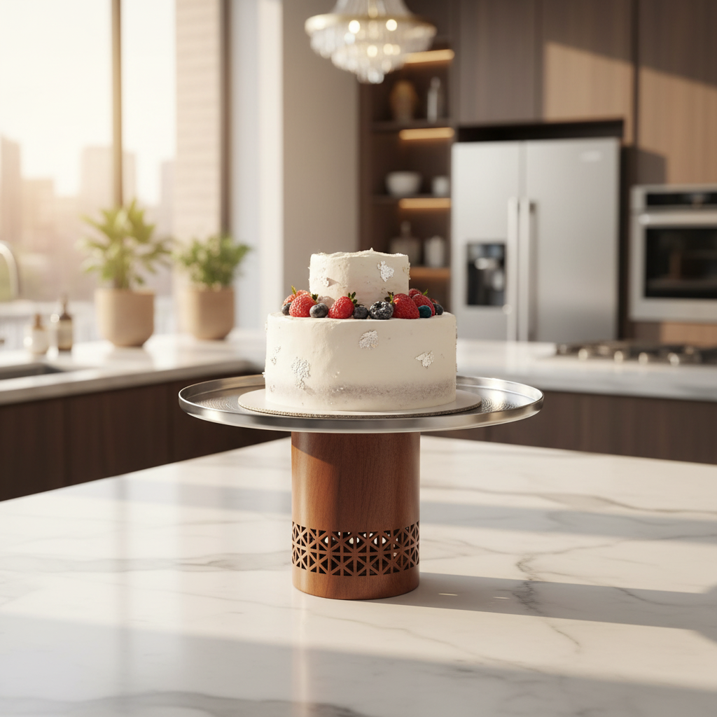 Luhpar Brown Wooden Footed Silver Stainless Steel Cake Stand - 27×14cm