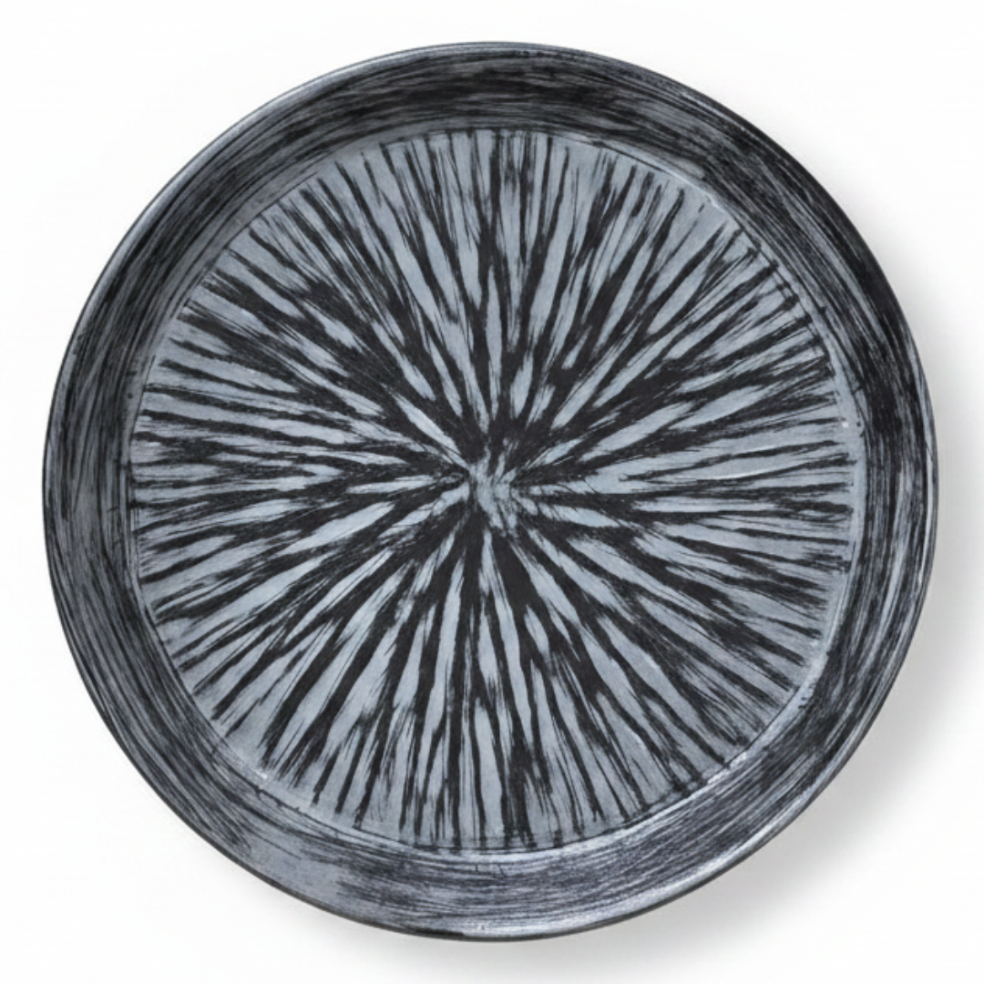 Elegant Grey & Black Ceramic Round Plate 20cm | Starburst Radial Design
